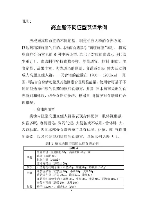 高血脂不同证型食谱示例