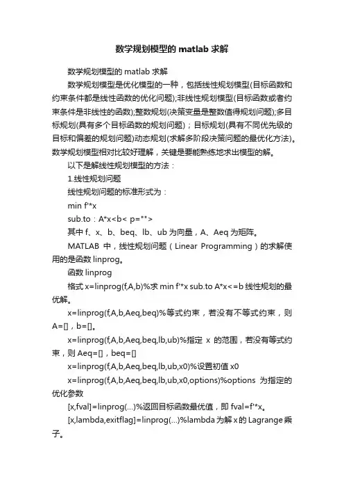 数学规划模型的matlab求解