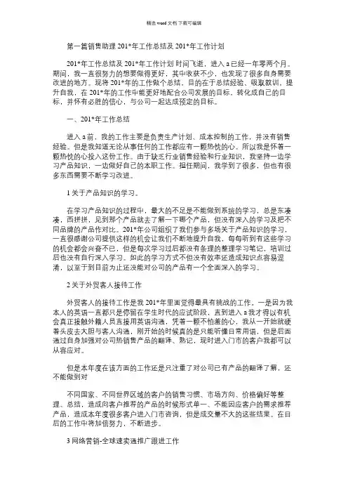 2021年销售助理工作总结及工作计划(精选多篇)