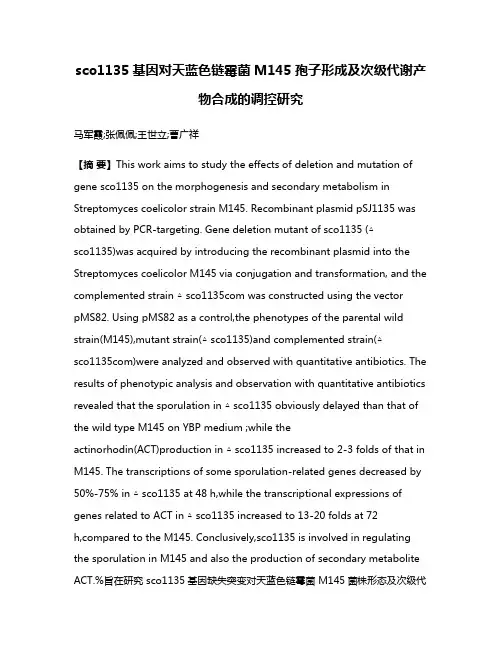 sco1135基因对天蓝色链霉菌M145孢子形成及次级代谢产物合成的调控研究