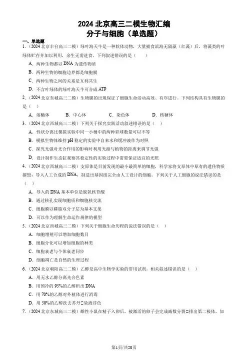 2024北京高三二模生物汇编：分子与细胞(单选题)