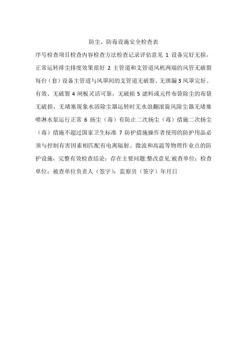 防尘、防毒设施安全检查表