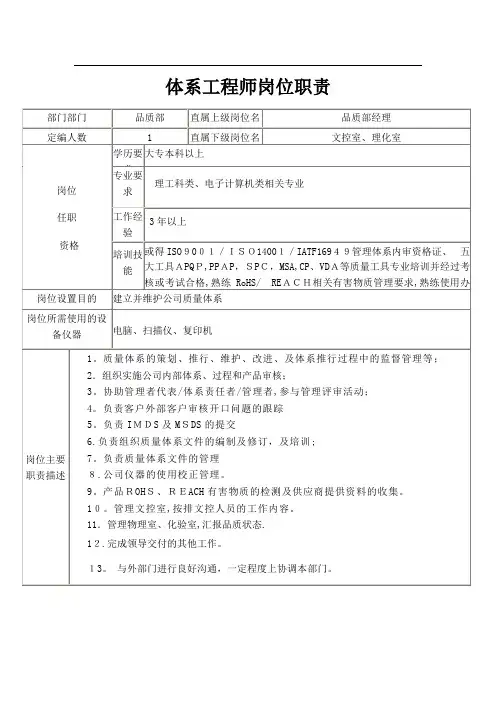 体系工程师-岗位职责