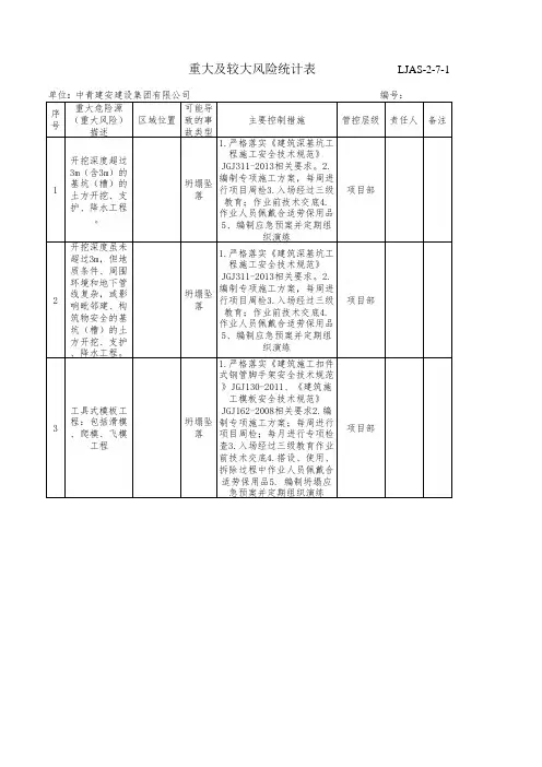 (2)重大及较大风险统计表——项目层级(LJAS-2-7-1)