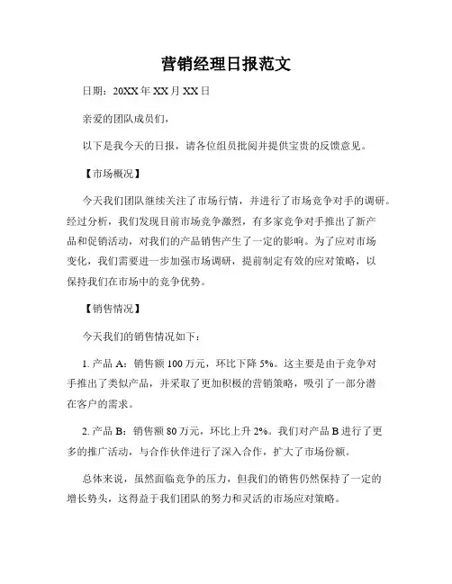 营销经理日报范文