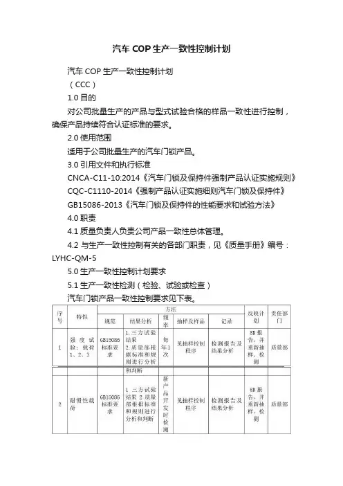 汽车COP生产一致性控制计划
