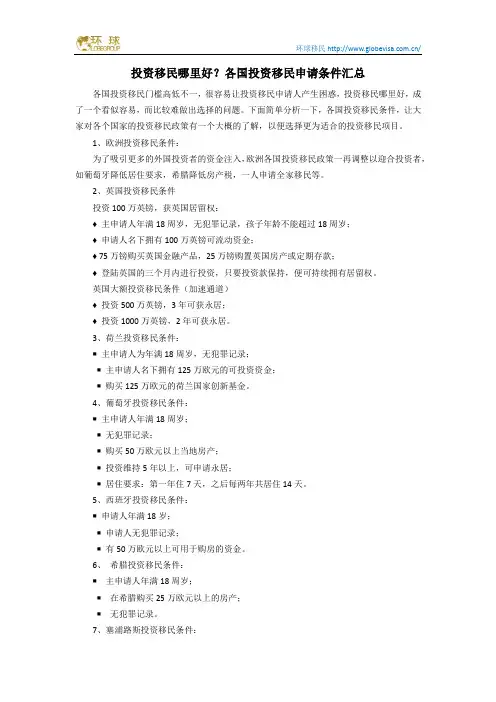 投资移民哪里好？各国投资移民申请条件汇总