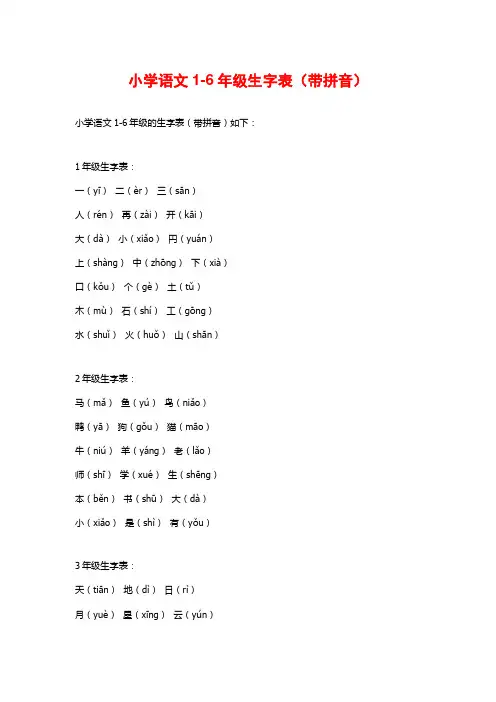 小学语文1-6年级生字表(带拼音)