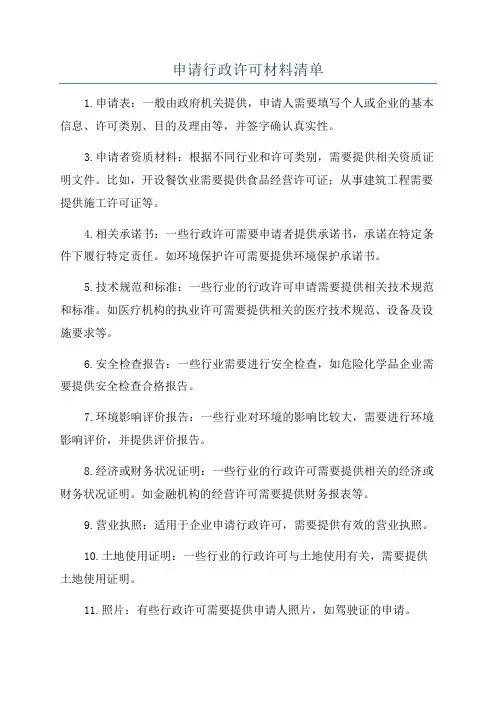 申请行政许可材料清单