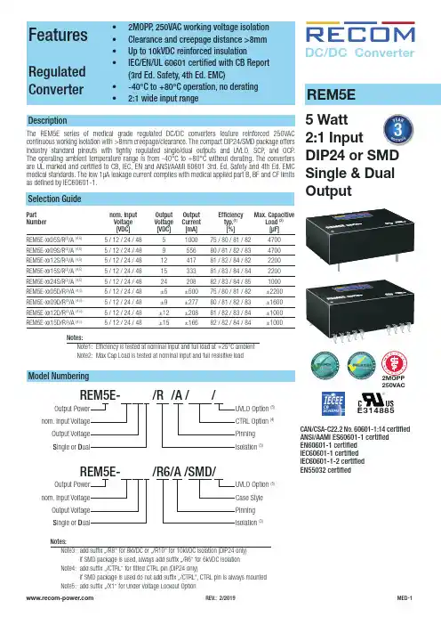 Recom REM5EDC DC 250VAC 隔离 DC DC 转换器说明书