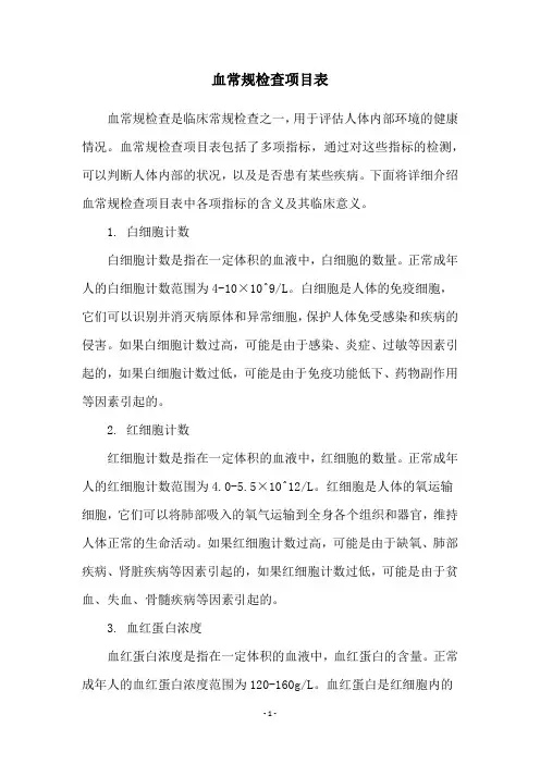 血常规检查项目表