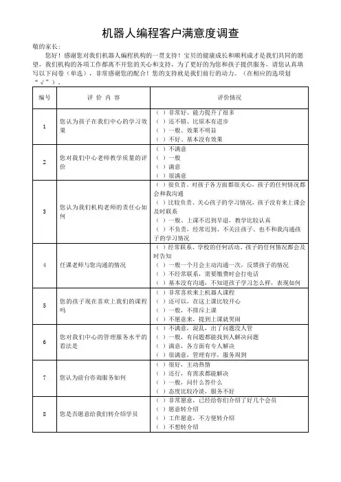 机器人编程客户满意度调查反馈表(可修改)