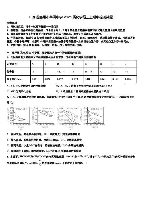 山东省滕州市善国中学2025届化学高三上期中检测试题含解析