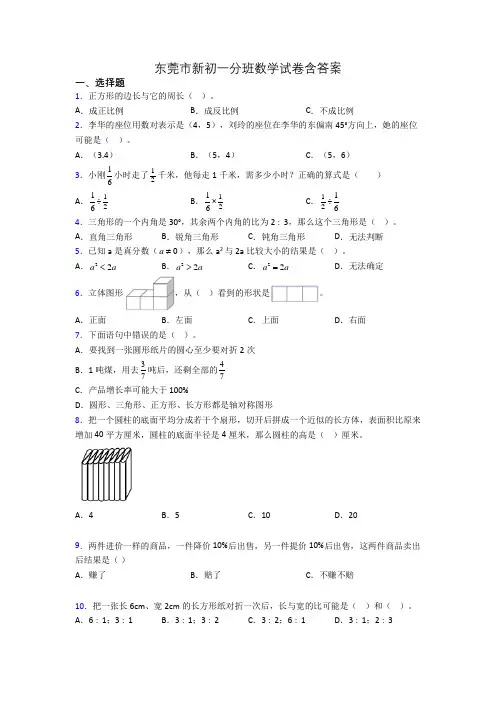 东莞市新初一分班数学试卷含答案