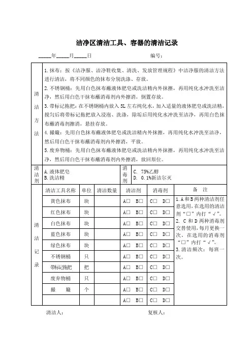 洁净区清洁工具、容器的清洁记录表