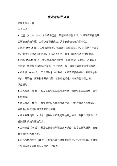 绩效考核评分表
