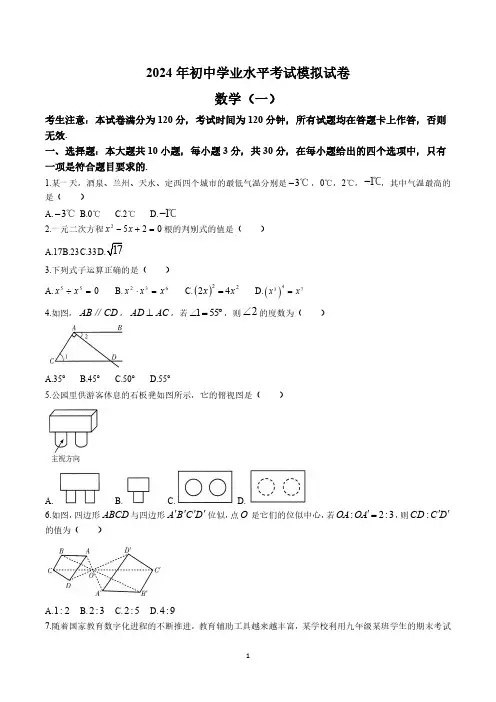 甘肃省酒泉市2024届九年级下学期中考一模数学试卷(含答案)