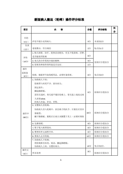 病人搬运(轮椅)操作评分标准