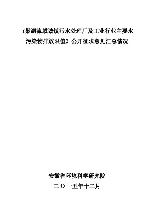 巢湖流域城镇污水处理厂及工业行业主要水污染物排放限值征求意见