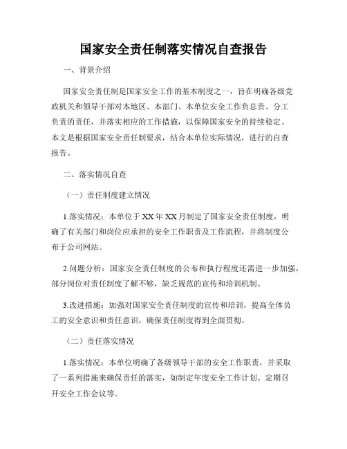 国家安全责任制落实情况自查报告