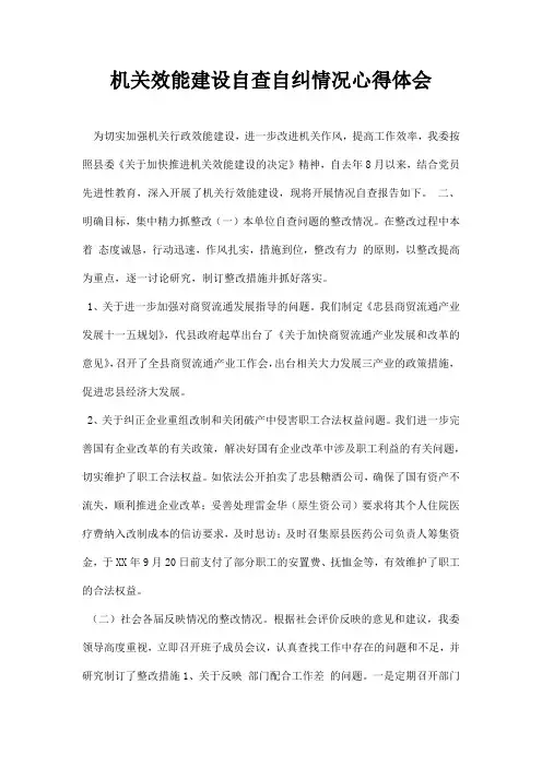 机关效能建设自查自纠情况心得体会