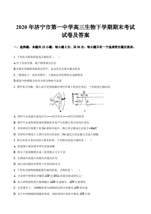 2020年济宁市第一中学高三生物下学期期末考试试卷及答案