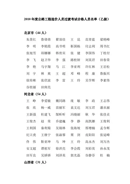 2010年度乙级公路工程造价人员过渡考试合格人员名单
