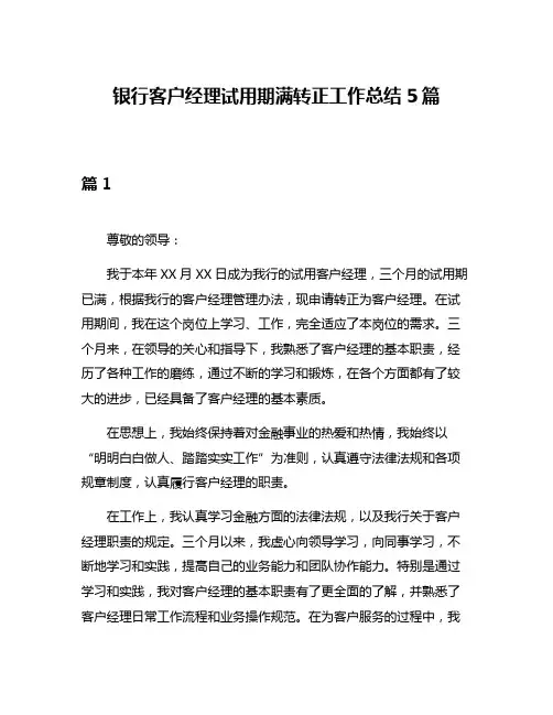 银行客户经理试用期满转正工作总结5篇