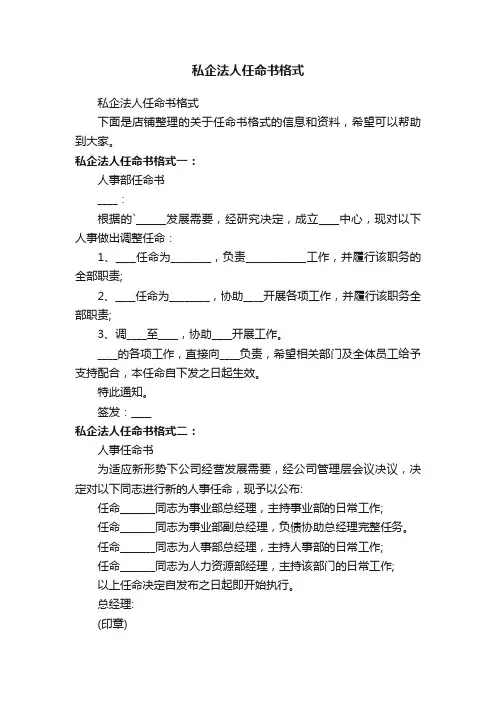 私企法人任命书格式