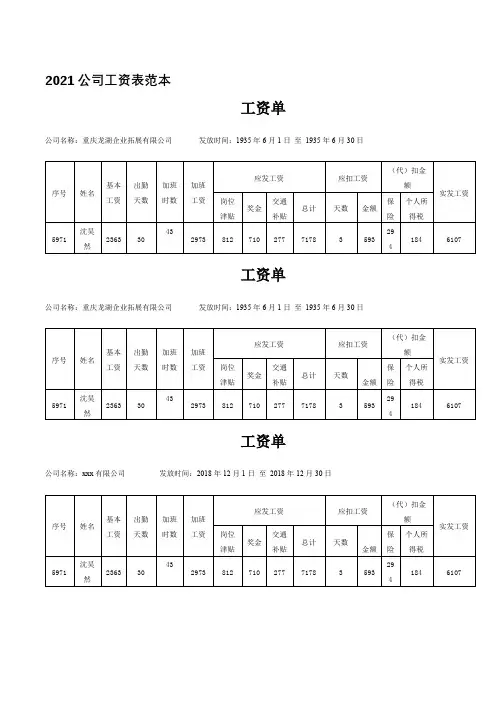 2021公司工资表范本