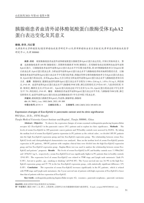 胰腺癌患者血清外泌体酪氨酸蛋白激酶受体EphA2蛋白表达变化及其意义