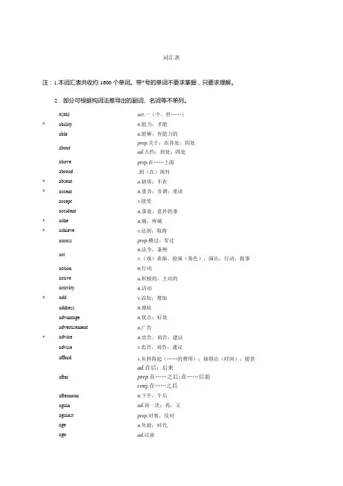 河北英语中考考试说明词汇