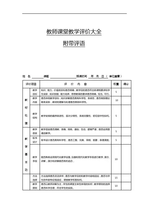 教师课堂教学活动评价全套整合(附带评语)