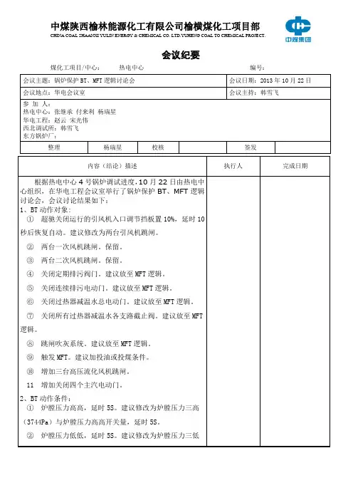 热电中心锅炉保护BT、MFT逻辑讨论会10.22