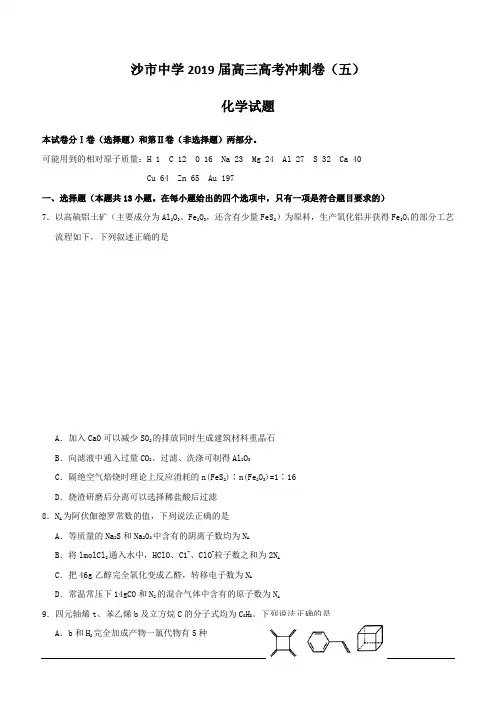 湖北省沙市中学2019届高三高考冲刺卷(五)化学试题(含答案)