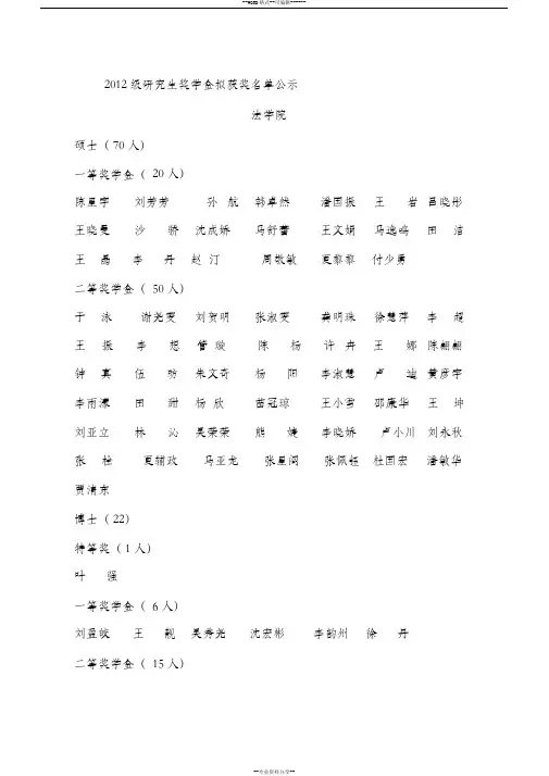 2012级研究生奖学金拟获奖名单公示
