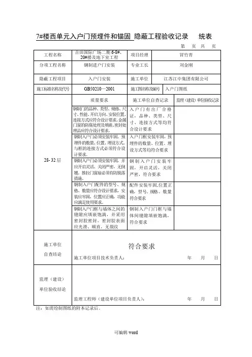 门窗隐蔽工程验收记录(钢门窗)-统表