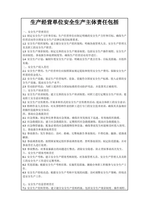 生产经营单位安全生产主体责任包括