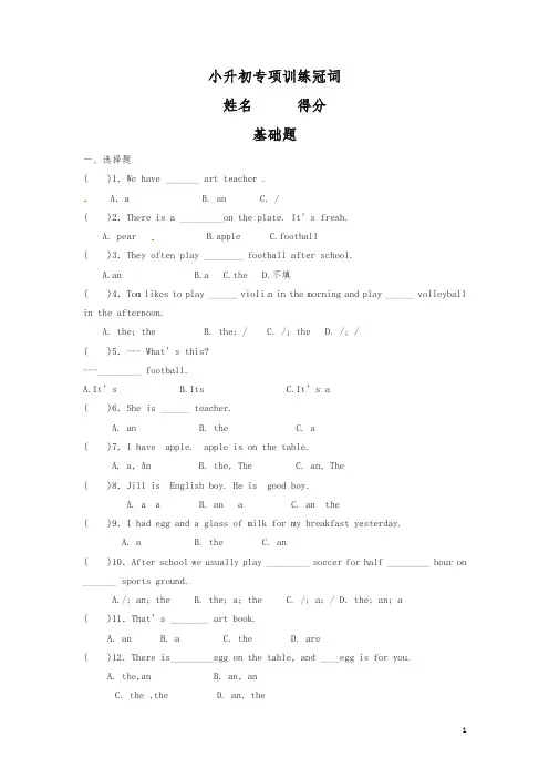 小升初英语冠词知识专项训练试卷(有答案)