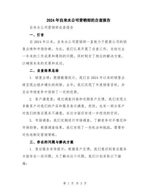 2024年自来水公司营销部的自查报告