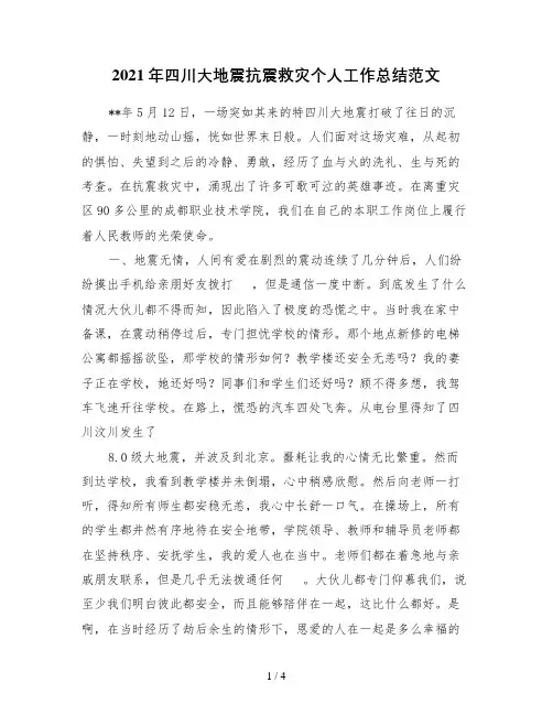 2021年四川大地震抗震救灾个人工作总结范文