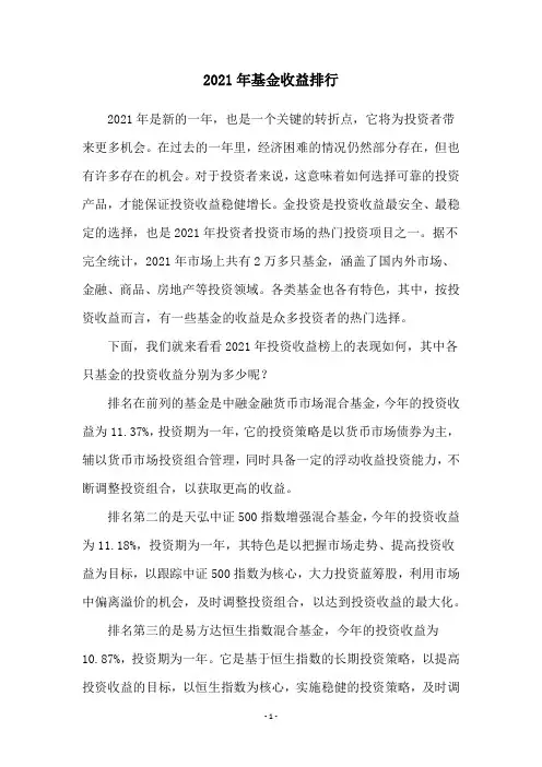 2021年基金收益排行