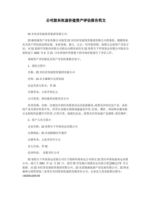 公司股东权益价值资产评估报告范文