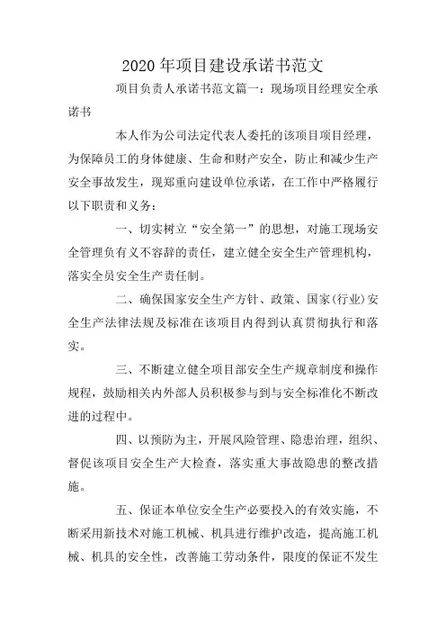 2020年项目建设承诺书范文