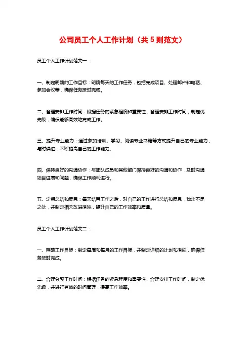 公司员工个人工作计划(共5则范文)