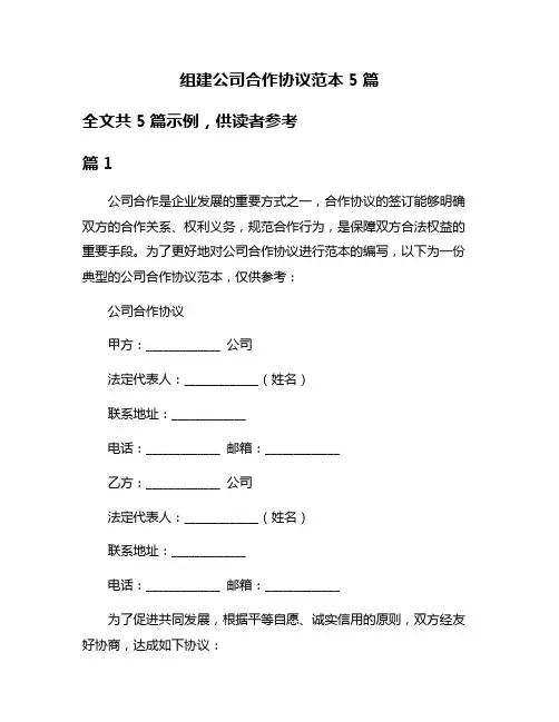 组建公司合作协议范本5篇