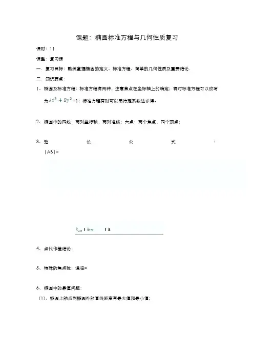 高二数学教案：第二章 圆锥曲线与方程 2.5~11《椭圆标准方程与几何性质》复习小结(人教A版选修2-1)