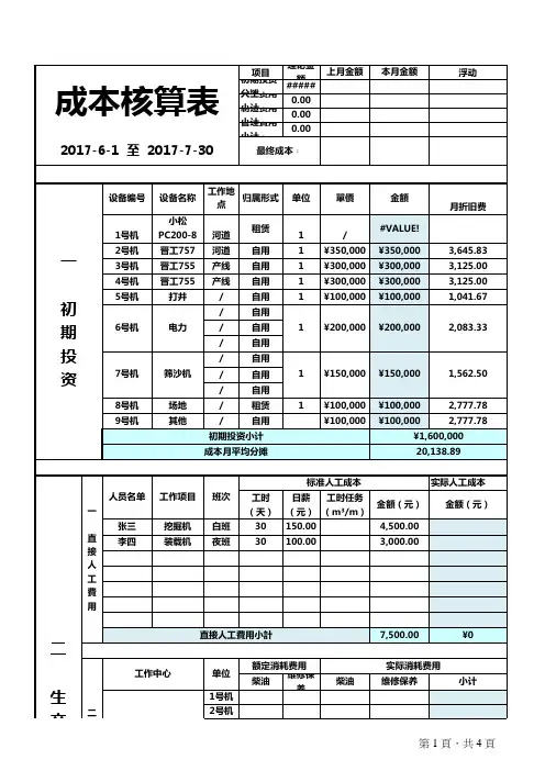 成本核算格式excel模版