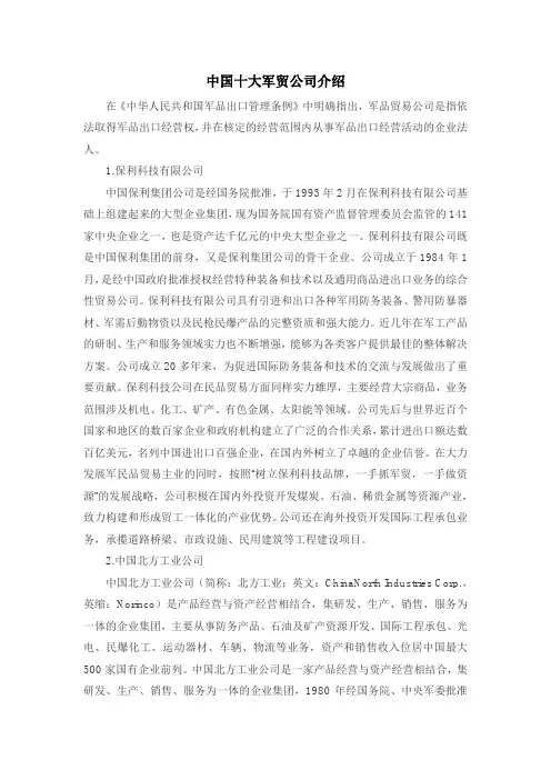 中国十大军贸公司介绍