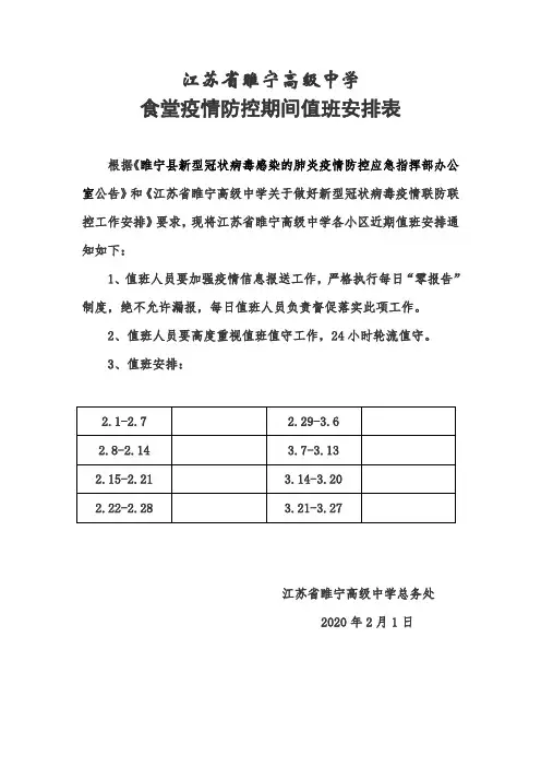 新冠肺炎疫情防控期间食堂值班表